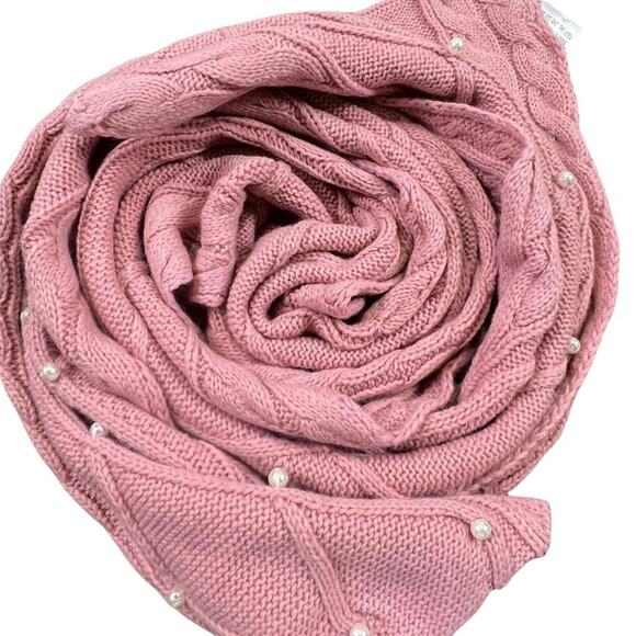 Cable Knit Style Dusky Pink Scarf with Faux Pearls Length 65" Width 10.5 - Picture 1 of 9